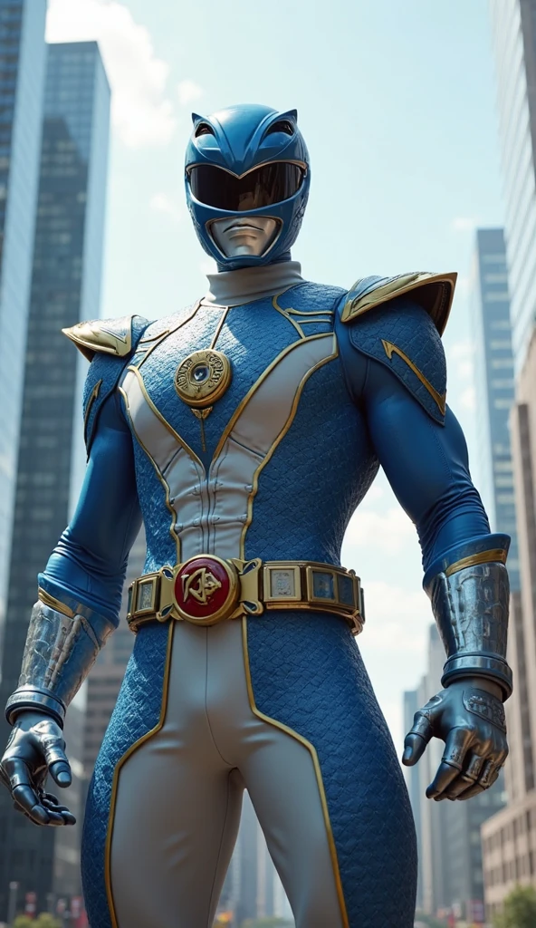 Fantasy background, cafe rpg style, empty chair, table, set of tea glass, (power rangers)), One guy、, ((blue ranger suit)), chest armor with gold details, costume, Solo, ((fit figure)), (Anatomically correct), Cowboy shot, masked face, guns, muscular build