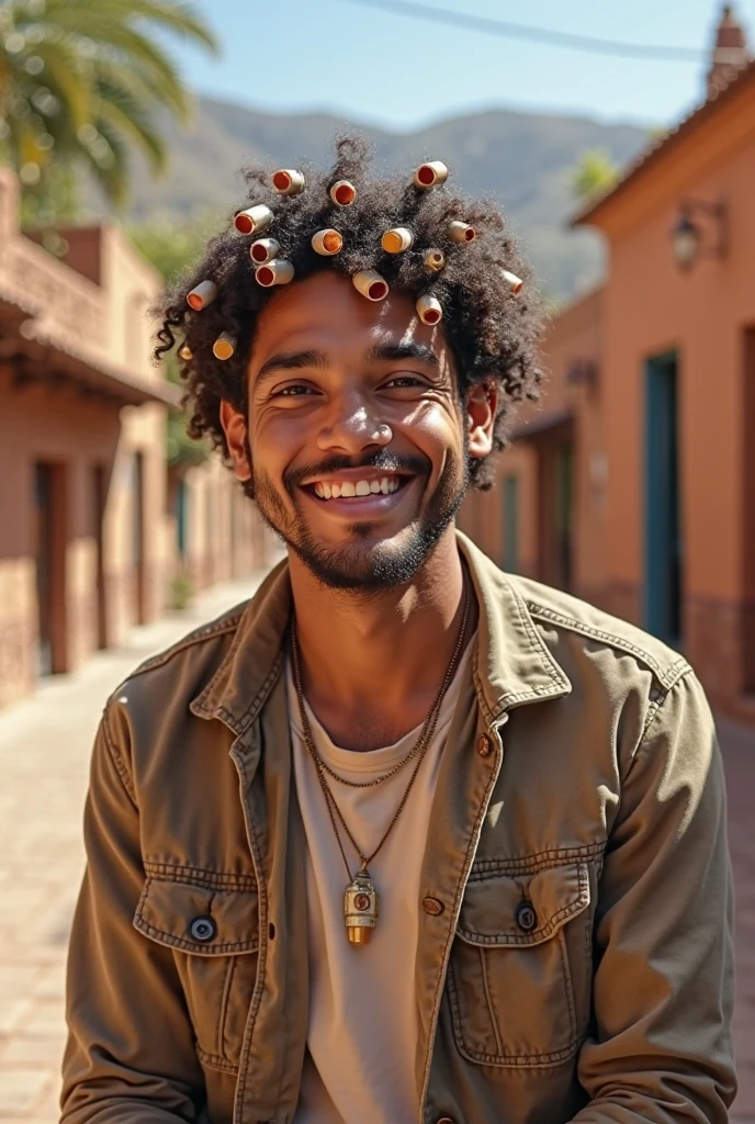 Young brown man, face perfect, honey eyes , skinny sexy , wearing no shirt, muscular unruly hair, is eating feijoada in the favela