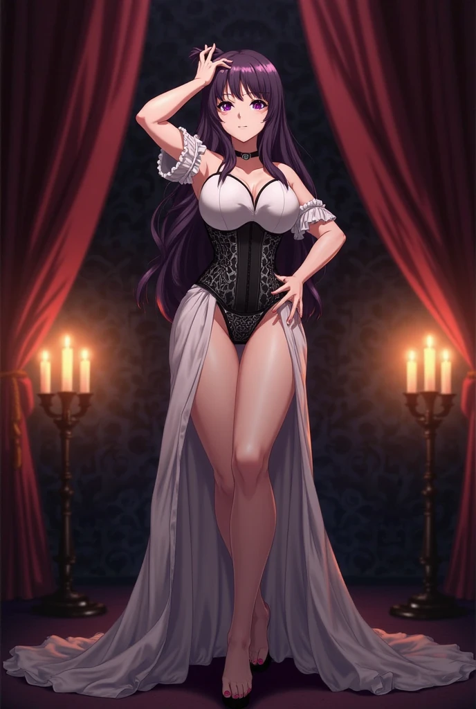 ((1girl, solo)), mature female, beautiful body, (perfect anatomy, perfect body, perfect hands, perfect legs), nice hands, natural proportions, sexy body, (large breasts:1.3), standing, hand on hip, full body BREAK 

((extremely detailed face)), (yellow eyes:1.2), (beautiful detailed eyes:1.6), (realistic pupils, realistic iris:1), expressive eyes, ((looking at viewer)), (clear eyes:1.3), (hyperrealistic:1.2), (detailed skin texture:1.2), smooth skin, (black hair:1.5), long hair, hair between eyes, (detailed lips:1.2), (attractive lips:1.1), (glossy lips:1.1), ((smile)), perfect face, perfect eyes BREAK

maid, (maid bikini:1.5), maid headdress, (detached collar:1.3), (black bowtie:1.3), front-tie top, ((black bikini)), covered nipples, ((wrist cuffs)), side-tie bikini bottom, bare legs, black footwear, high heels BREAK

indoors, carpet, candlestand, couch, chair, table, painting (object), candle, chandelier, lamp, fireplace BREAK

(masterpiece:1.5), anime-style, top quality, best quality, (beautiful and aesthetic:1.2), (ultra detail:1.5), Ultra-detailed depiction, Ultra-precise depiction, extremely detailed 8k illustration, high resolution, (highly detailed shading:1.2), (realistic lighting:1.4), perfect lighting, vibrant colors, dynamic tones, striking hues, 8k, absurd resolution, perfect shadows, hdr, UHD, ambient lighting, realistic, ultra-realistic, photo realistic, highly detailed, rich detail, luminous colors, fine texture, intricate design, professional illustration, (soft light:1.2), (illustration:0.7)