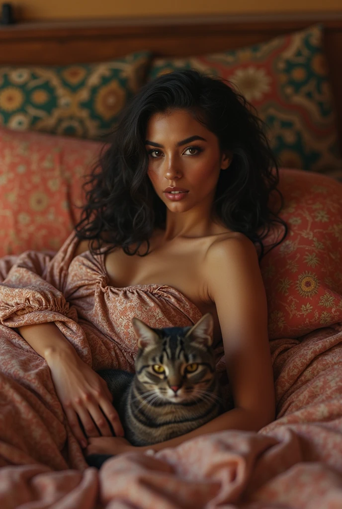 (photorealism: 1.2), beautiful woman, sitting on the bed, wearing red sensual baby doll, araffe woman with curly hair wearing red sensual baby doll, tanned ameera al taweel, imaan hammam, beautiful latin face, beautiful beautiful woman, she has dark skin dark, beautiful woman, flawless dark skin, beautiful Mexican woman, most beautiful woman in the world, beautiful tanned Mexican woman, jaw-dropping beauty, Photoshop image quality, in her bed with her beautiful black cat with green eyes, soft lighting , window with sunlight, cozy bedroom, relaxed and relaxed pose, realistic and intricate details, warm colors, by Greg Rutkowski, by Alphonse Mucha