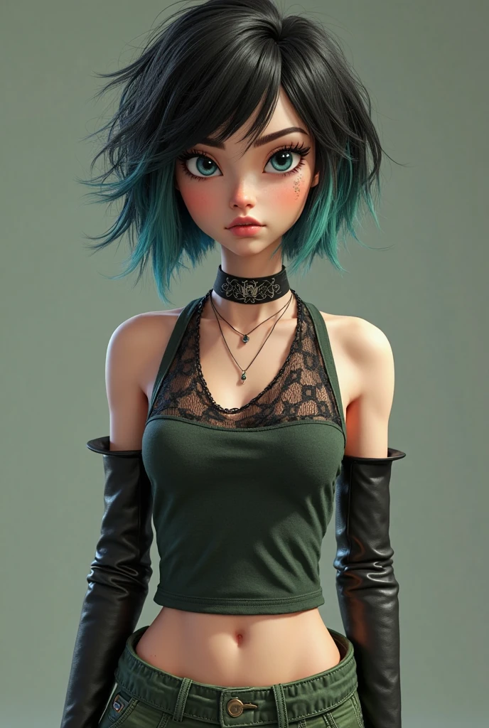 A hyper-realistic version of Gwen from the animated series 'Total Drama.' She is depicted as a young woman with pale skin, short, edgy black hair with teal highlights, styled in a choppy, modern cut. Gwen wears her signature outfit: a black choker, a dark green top with a black mesh overlay, and a pair of cargo pants in a matching green. She has a gothic, alternative style with subtle makeup, including dark eyeliner and a neutral lip color. The expression on her face is serious and introspective, reflecting her independent and somewhat rebellious personality. The entire scene is depicted with lifelike and realistic details, capturing Gwen's unique and distinct look."