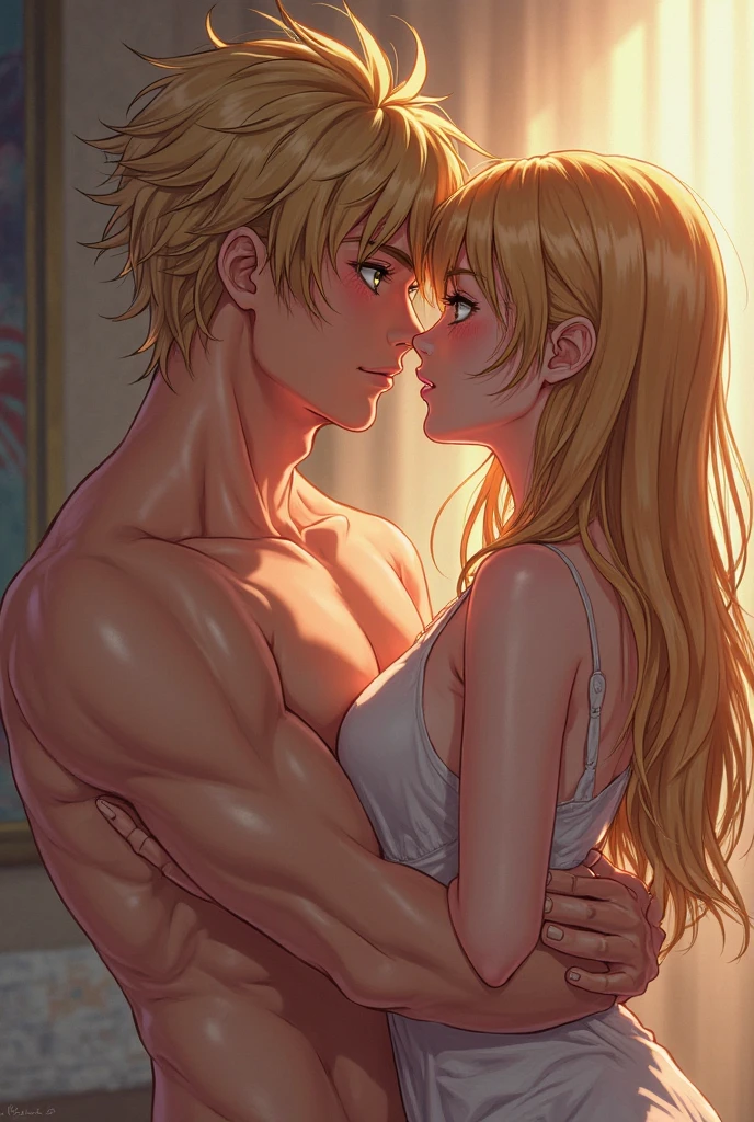 (POV: Non-SGFW, Masterpiece (Extreme) Fanservice, CG Unity 8K Wallpaper, Anime Style, Couple, (Tanned Stunning, Perfect Chest), (Red, Blond Hair), (Kneeling, Wide Body), From Bottom Angle, Dynamic, Windy, Soapy Skin, Hose Soap Bath Backyard, (Grabbing Each Other) From Behind, Rub, Caress, (Flexing Left Arm Upwards), (Sunset, Evening)
With a backdrop of the setting sun, the couple, both tanned and stunning, are engaged in an intimate moment. The man, his muscles