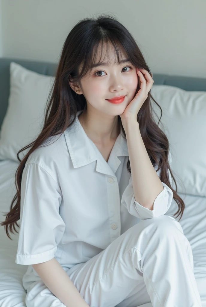 (realistic), (masterpiece), (best quality), (perfect anatomy), (4k hdr), (wide angle), Japanese girl, white skin, round eyes, pretty face, cute face, long triangle face, long ponytail hair with bangs, pink lips, smiling, very big breasts, wearing blue formal suit with white shirt inside, lying on mattress, head on pillow, from above, full body, morning, shadow