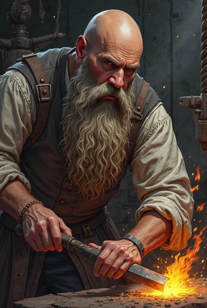 (art definition by Lisa Holloway:0.9), (artist design by Justine Kurland:1.1), (kind old man as lowly blacksmith, character blacksmith, glowing auras, detailed bright pupils:1.4), (working hard examining weapons:1.5), (change pose each iteration:2),