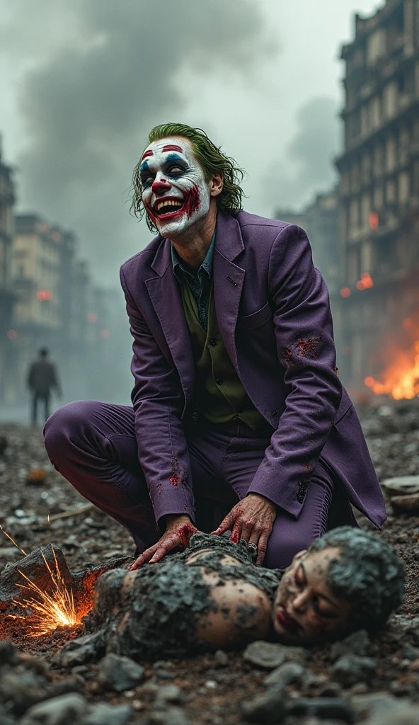 I created the Joker leaning against the wall smoking a cigarette and laughing with a rifle on his back, while several cars are on fire behind him