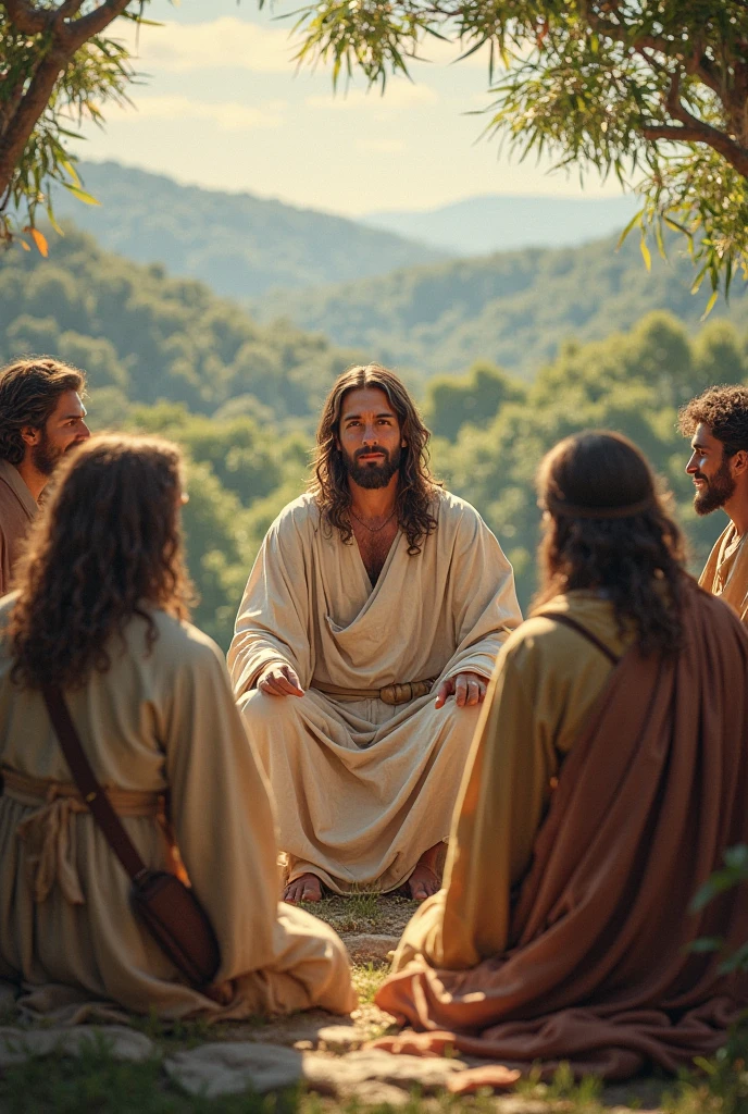 Jesus with headscarf sitting on the ground teaching his male disciples