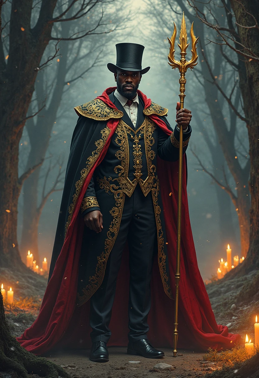 Handsome man with a robust body, barba, by rubio, black and red antique hat, black cape, vaso whisky, Cigarettes, cemetery, red and black lit candles, golden stick, bright green eyes, melted candles, white vest and pants, lots of red and black necklaces , levitating, black magic books, exu umbanda, Round face, black feathers flying, formal wear, evil smile