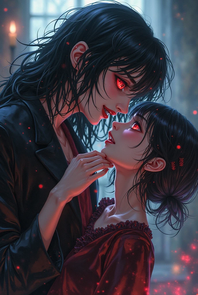 couple kissing in dark room, man with red eyes, not realistic but not anime