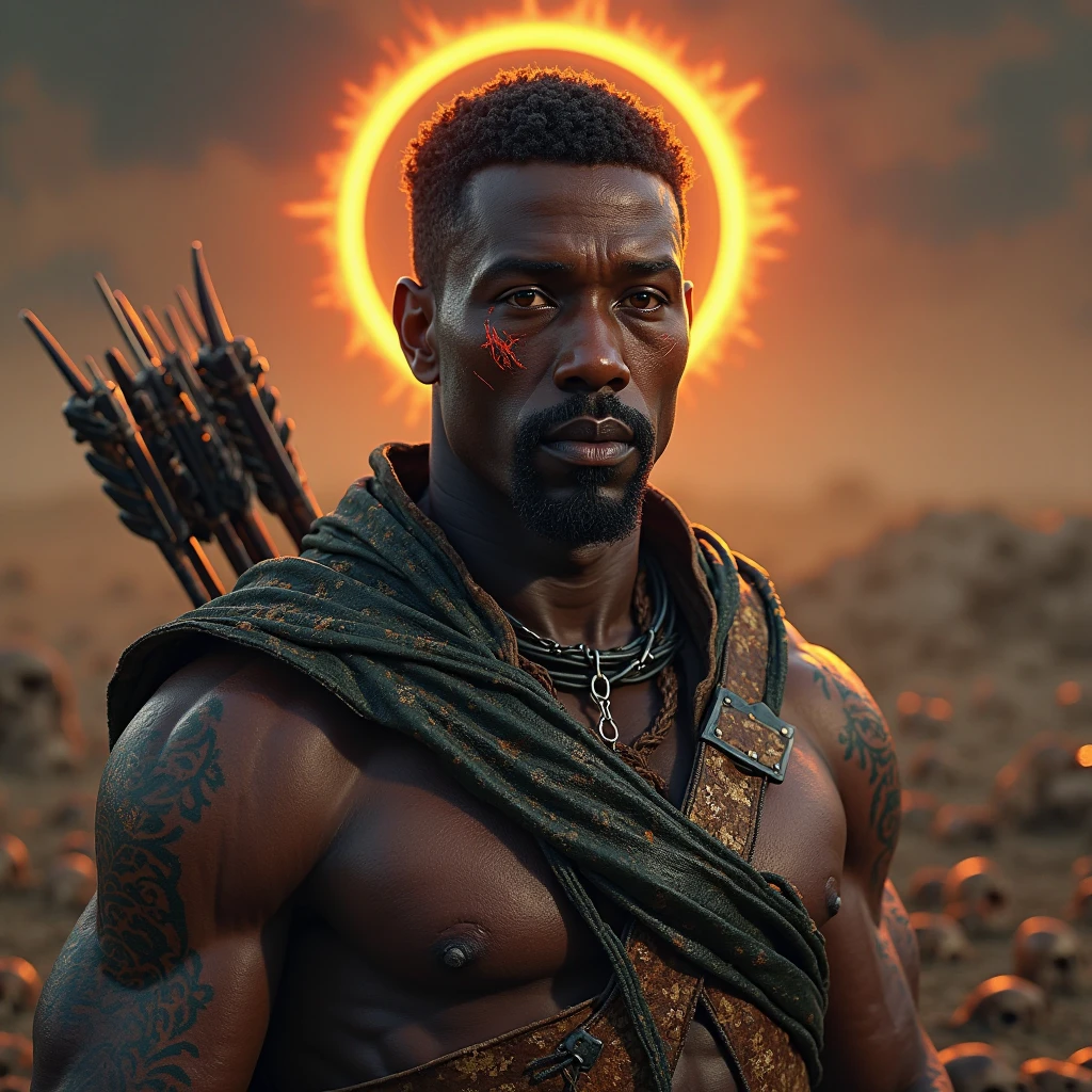 imagine Uma versao animada em 3D no estilo da Pixar realista de Foto de arte mais bonito do mundo, Xangó , The African Orisha, homem forte,roupas vermelha ,Orisha of the duality of the men of Thunder ,vermelho, vestindo um ade detalhado e intrincado, Iron axe in hands, olhar suave, cosmic god,impressionismo,Afrofuturista