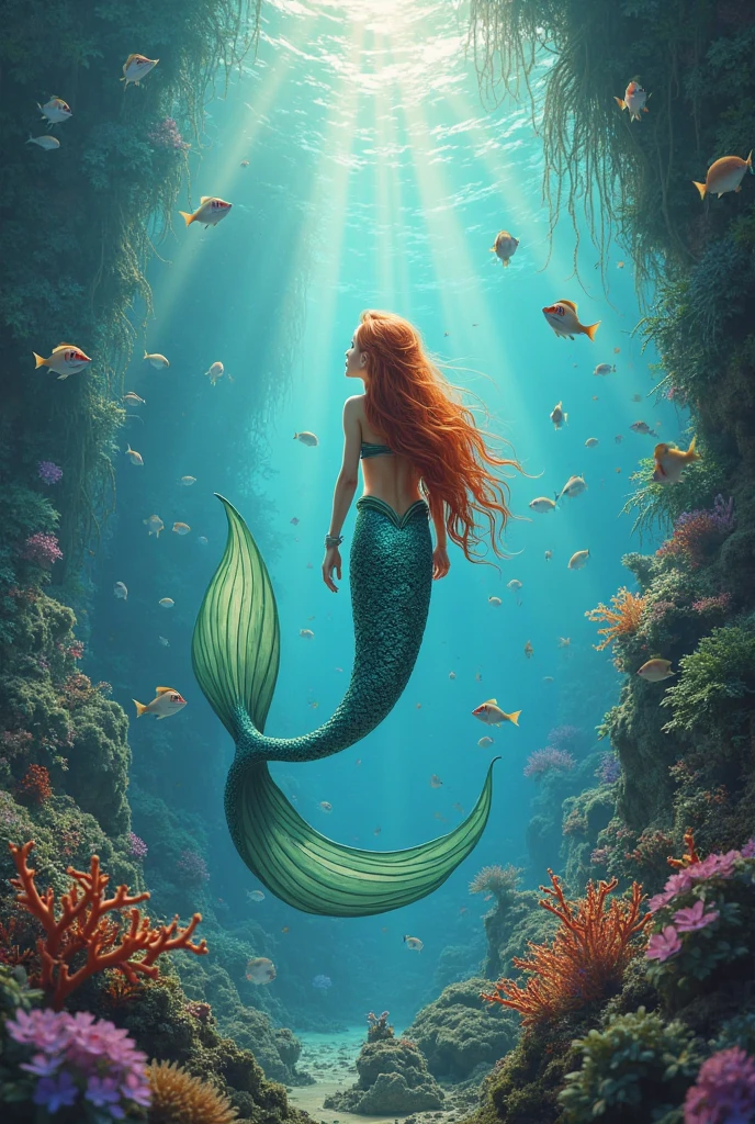 ((best Let's fix that. I'll create a clearer prompt for the text and focus on enhancing the mermaid and overall scene quality.
**Revised Prompt**: "Create a vibrant underwater scene featuring a beautiful mermaid with a human upper body and a fish tail, swimming gracefully in deep blue water. Surround her with colorful coral, fish, and beams of sunlight filtering through the water. The text 'क्या जलपरी सच में होती है?' should be prominently displayed in bold, clear, and enchanting Hindi letters, well-integrated into the scene." With good clothes