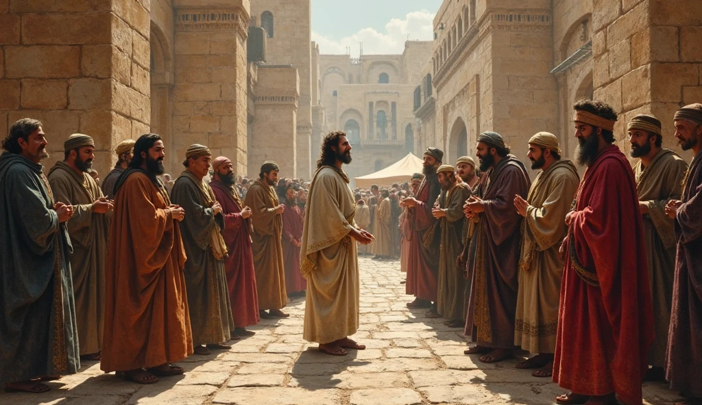 Create a detailed and inspiring illustration based on Luke 18:31-43. Depict Jesus Christ leading His disciples towards Jerusalem, explaining to them about His impending suffering, death, and resurrection. In the foreground, include a scene where a blind man, Bartimaeus, is sitting by the roadside, crying out to Jesus for mercy. Show Jesus stopping and healing the blind man, with the blind man's eyes being opened and his face filled with joy and awe. The background should reflect the ancient cityscape of Jerusalem, with a crowd of diverse people witnessing the miracle. Use a realistic and vibrant style to capture the emotion and significance of this biblical moment