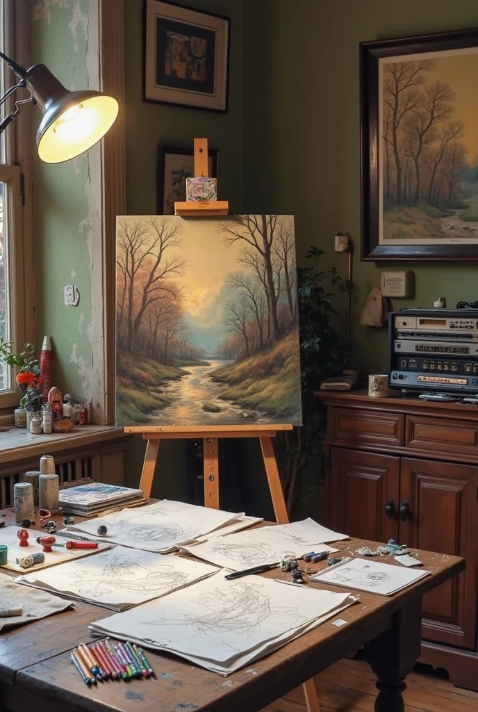 a male artist paints on canvas in nature, a white-skinned plump naked woman with short brown hair and hair cunt poses in front of him
