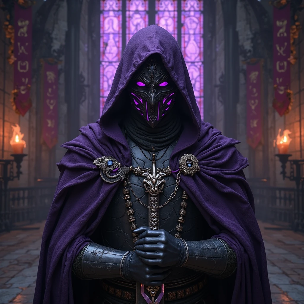 "Character portrait, masterpiece, HD, ((looking sideways)), (oil painting:1.1), featuring a fearsome, dark-skinned male with angular eyes that feature black sclera and purple pupils. He is half demon half human, and dons a beautiful purple tattered hooded cloak. The cloak is adorned with intricate demonic runes, adding an air of mystery and danger to the overall aesthetic."