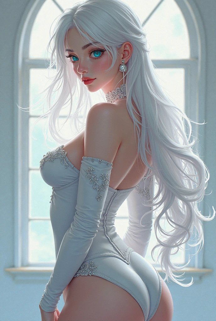 (absurd, high resolution, super detailed), Gefax employee, one with long hair, one short one to create Behind the woman there is a window showing various buildings in the city (absurd, high resolution, super detailed), silver hair long hair, another short woman, white sheer blouse, no miniskirt, (((underwear bite)), sexy pose, lower body slender, (((back view)), gaze is by the window, stick out the buttocks, ((on all fours)), buttocks facing away, provocative,