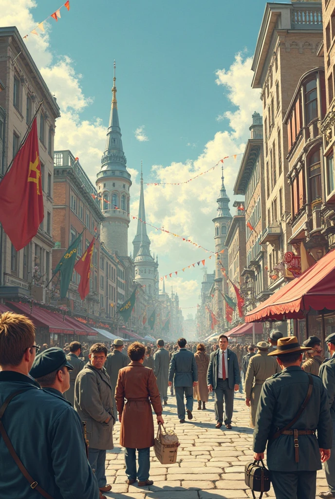 Give me a picture of Nazi people having a festival in the street and celebrating, May it be daytime and comic style