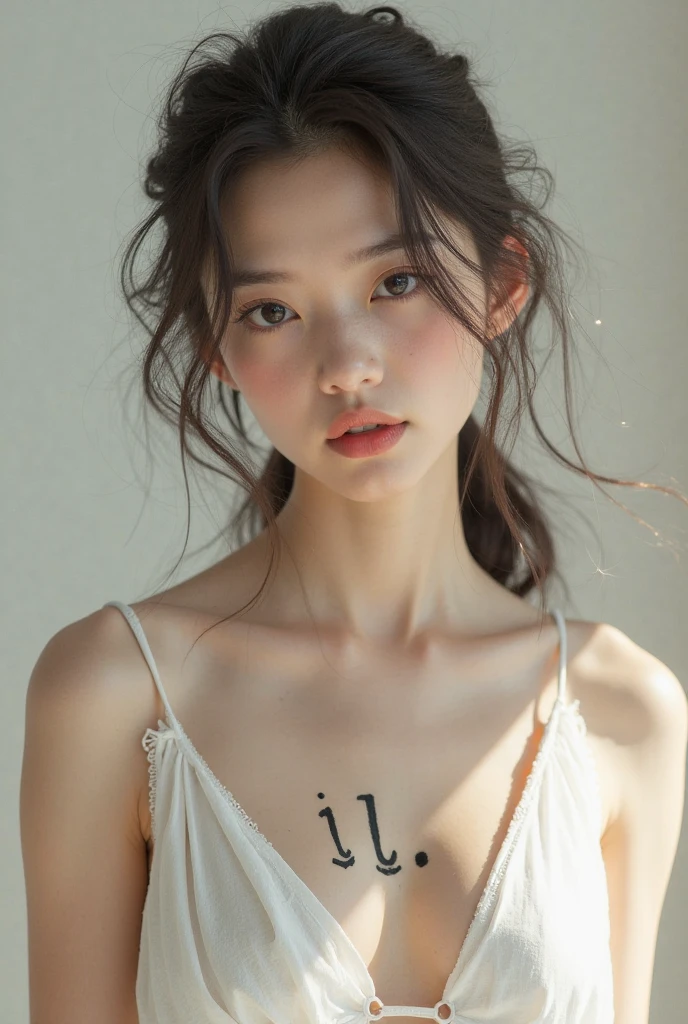 photo of pretty woman, 21 year old woman, (plain white background:1.6), epiC35mm, film grain, (freckles:0.4), upper body shot, (plain background:1.6), arm tattoo, full-body tattoo, tattoo, black bandeau, black hair, photo of perfect eyes eyes, perfect eyes , beautiful eyes
