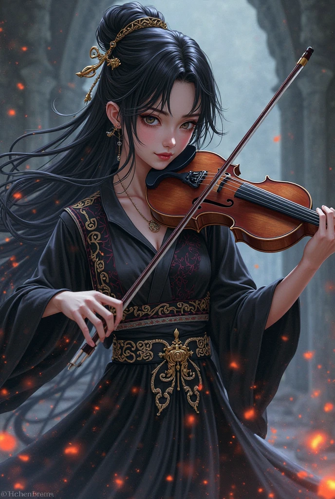 Alafed image of a man playing violin in dark room, fantasy violin, Kerem couplet, Just the art of black metal music, Dark yet detailed digital art, 8 0 Style Thomas Allen Koppella, (fantasy violin), Thomas Allen Koppella and cgociety, dramatic artwork, stefan gesell, by Slawomir Maniak