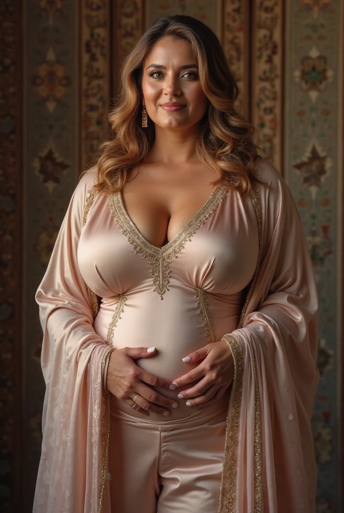 nsfw, photorealistic, beautiful face, (masterpiece:1.4), (best quality:1.4), extremely detailed, hyper-detailed, soft lighting 38 years old beautiful 8 month pregnant blonde 1950's pinup woman in her late thirties sitting on kings throne in a big hall, with a crown on her head, 8 month pregnant, dressed only in a very short very transparent lace night gown, sideboob, no naked breasts, white pearl necklace and white pearl earrings, lace stockings, perfect body, busty, perfect legs, intricate details, masterpiece, bestquality, uhd, 8k, ((plain backgound:1.3)), shaved pubic area, big breasts, hanging breasts, heavily sagging breasts, brown big erected hard nipples, short blonde hairbun with a bow in hair, shaved pubic area, (perfect_face), intricate, 4k, detailed_background, full_body, realistic, 8k, sexy, side view, she looking over her shoulder, very bashful smile, very shameful facial expression