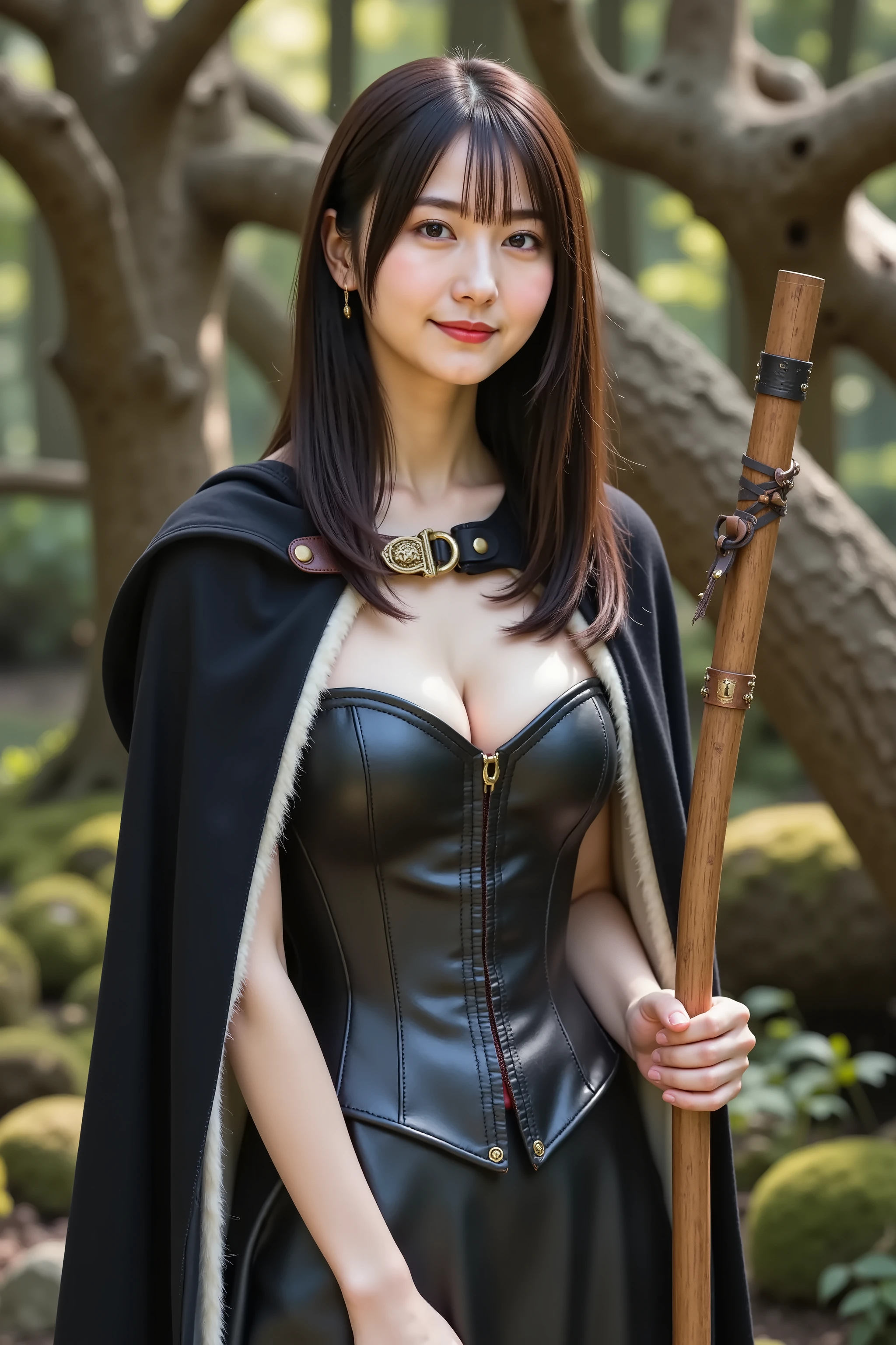 firm and big breasts, cleavage, A realistic photographic composition framed from just below the shoulders of a female subject standing upright in a dark forest clearing, ensuring her entire head is fully visible within the frame without any cropping at the top. She wears a fitted black leather corset top with subtle distressed texture and reinforced seams, featuring a curved sweetheart neckline that sits just below the collarbone and contoured panels that accentuate the torso. Over the corset, a floor-length cloak of heavyweight midnight-black wool drapes from her shoulders, fastened at the throat with an antique brass clasp engraved with arcane symbols, the cloak hood falling behind her and the heavy folds creating natural drape lines visible around her upper arms. The interior lining of the cloak is rendered with a soft matte finish in deep charcoal wool, with visible stitching along the seams and slight fraying at the edges. Across her back, the wooden handle of a classic carved broomstick emerges, the polished oak grain and tightly bound straw bristles captured in crisp detail as the broom is angled slightly to the right. The broom handle is bound near the bristle base with dark leather straps secured by aged copper rivets, and the straw bristles fan out in an even cylindrical shape, the tips slightly splayed. The handle surface shows fine tooling marks and the woodgrain subtle color variation from honeyed brown knots to darker streaks. She stands before a backdrop of ancient gnarled trees and moss-covered rocks, with dense undergrowth, twisted branches, and fallen leaves receding into shadow and faint ambient mist. Dew droplets on the mossy stones catch tiny pinpoints of moonlight reflected as smooth circular bokeh highlights. The background is softly blurred through a shallow depth of field created by an 85 mm equivalent prime lens at f/2.2 on a full-frame sensor, producing smooth bokeh from shafts of moonlight filtering through the canopy. The scene is illumi