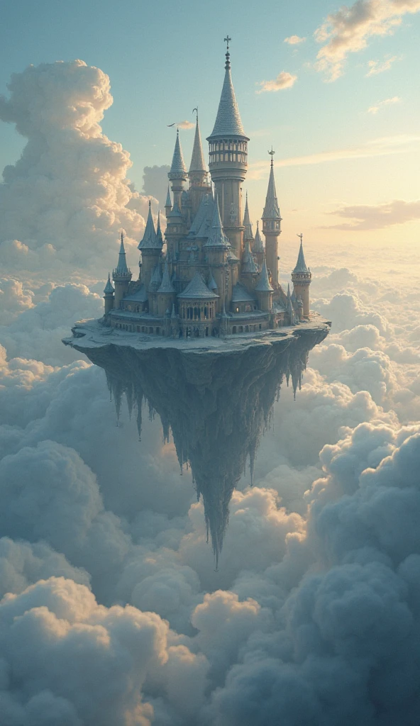 A magnificent floating castle high in the sky, surrounded by clouds and ...