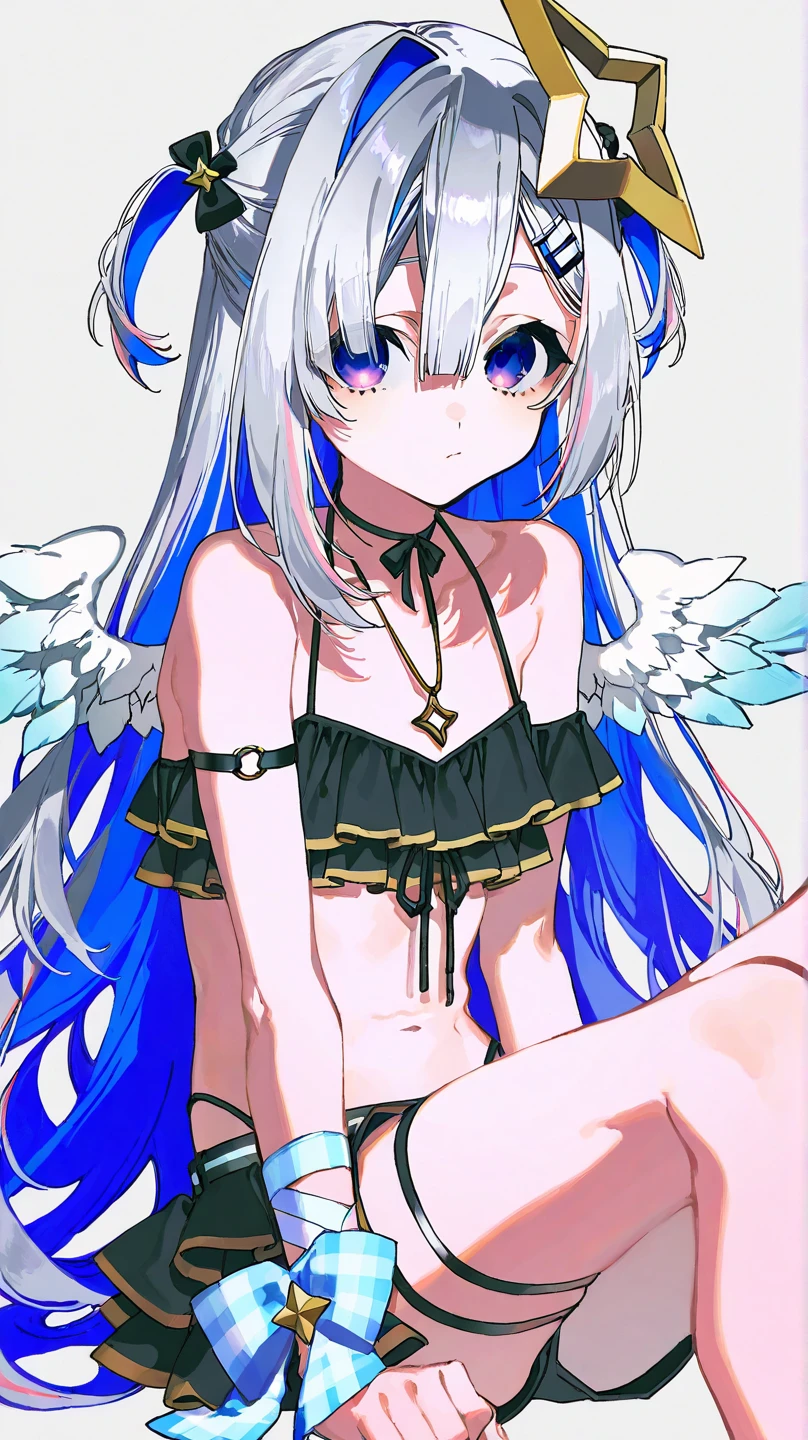 beste Quality、女の子 1 人、on a bed、colorful strands of hair、cuddly 、the anime、Sheer white skin、Asian Girls、total body、junior high school student、14歳、Shines、Quiet child、High Contrast、Tempting、sensual、angelic、Glowing on the back２Angel Wings、A ring that glows horizontally above your head、The top of the head is silver hair and the tips are pink、White attire、seethrough、Spread your crotch、White underwear