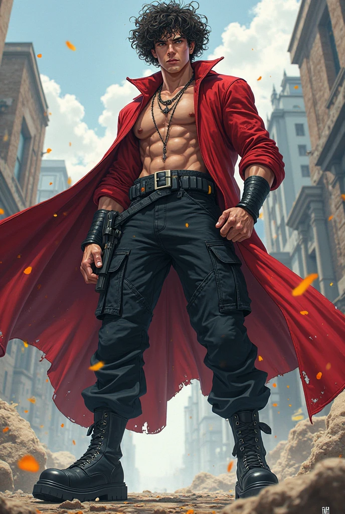 The young Samurai has messy hair, wears a gray sweater that says "HEROES", dark brown leather pants with lots of pockets. Adventurer's shoes, carrying a samurai on his back, hands crossed on his chest, there is a flash of lightning, alert pose, face facing the camera, skyscraper background and shades of black with gold gradations at night. fullbody