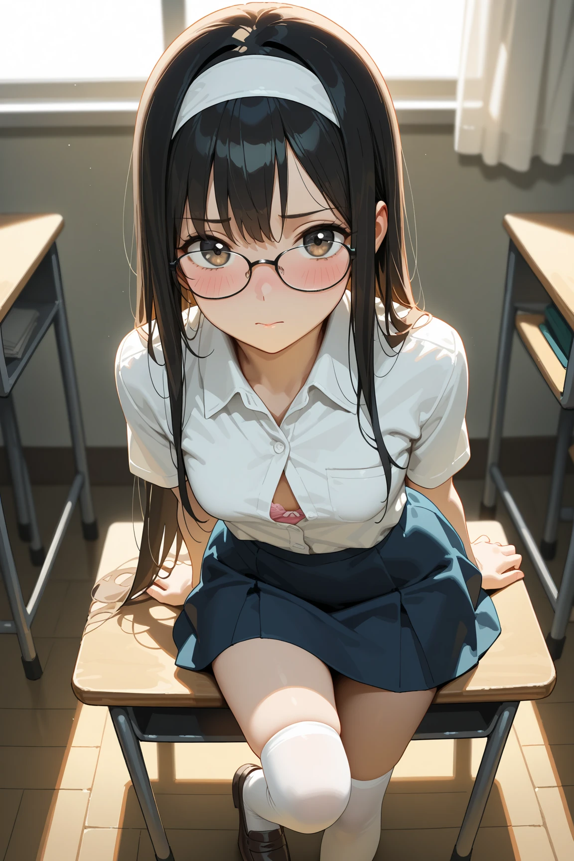 ultra-detailliert, Best Quality, High resolution, ((A petite, black-haired girl with big face and cute droopy eyes looks up.))、Pretty eyes、Detailed eye depiction、Eye sparkle、Sareme、Looking at Viewer, pale skin、(((Petite))), (white panty)、(flat chest), (big glasses), (blush:1.2), (big eye:1.5), Shy smile, Crawling on all fours in the classroom, Focus on the face, Long hair, ((Super close-up of the eyes))、(((front view))), open_mouth, tongue_out