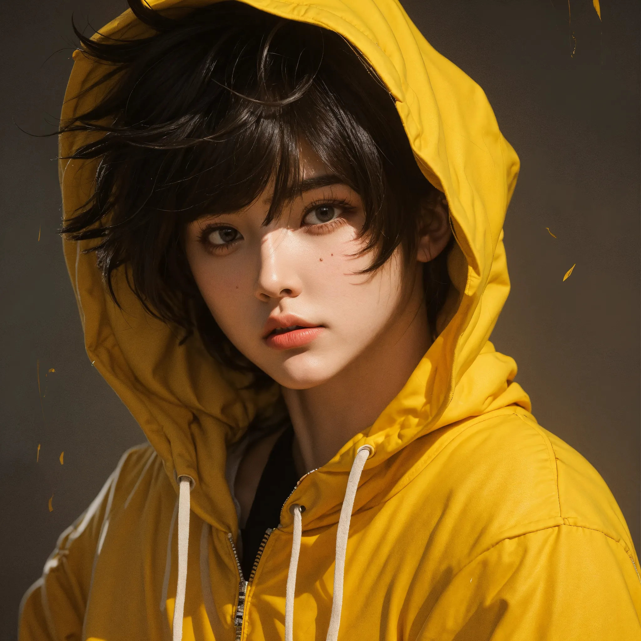 Japanese girl wearing Yellow rain coat,solo girl, cinematic portrait photography, soft lighting glow effect gradient lighting hyper realistic super details
