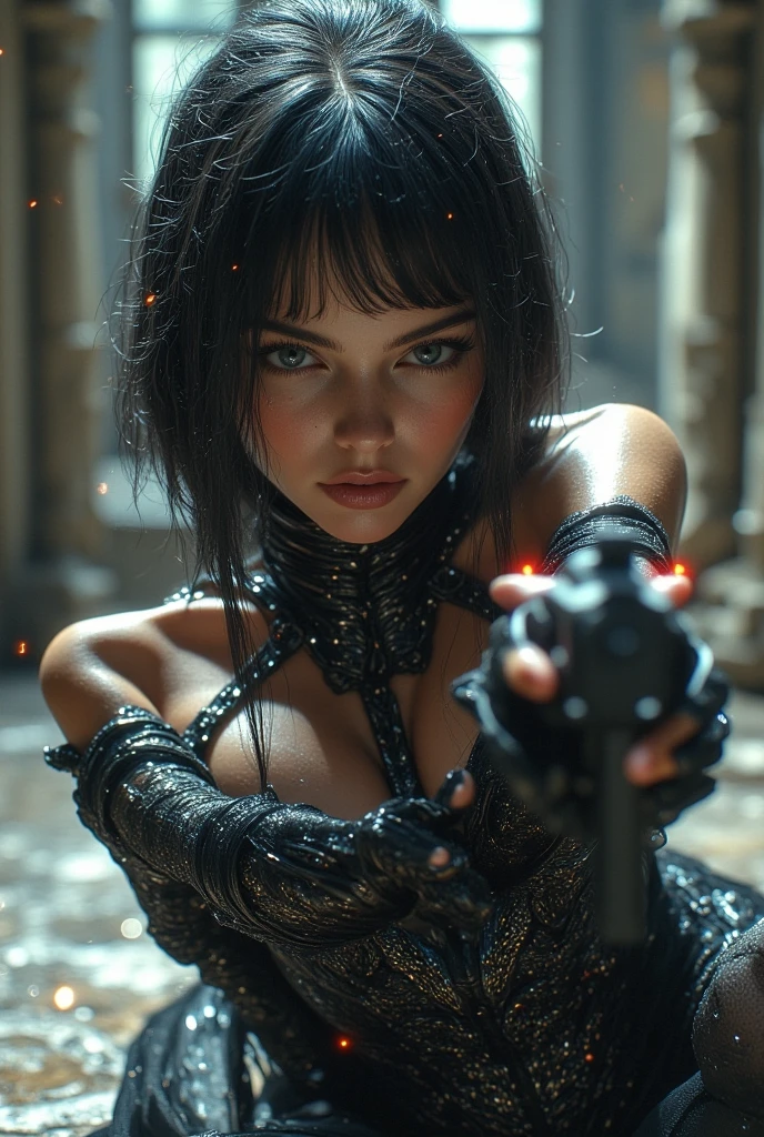 ((Perfect eyes)), ((wet)),(((white cum))), ((she has a very skinny and toned strong body)), ((makeup)), ((freckles)), ((perfect eyebrows)), ((sharper edges)), ((perfect scary grey eyes)), perfect intimidating face, slut, sadistic, predatory, better detail on her skin, perfect face and strong jawline, perfect full wet lips, sadistic atmosphere, wet sweaty skin, more detail, beautiful intimidating grey eyes, ((beautiful horror)), better lighting, more toned muscles, perfect detail on her intimidating eyes, very tight underwear, ((tight pussy)), (((tighter clothing))), slutty, intense, perfect detail, tight abd sexy, ((piercings)), better detail on her bellybutton, skinny, skinny and strong, more skin showing.