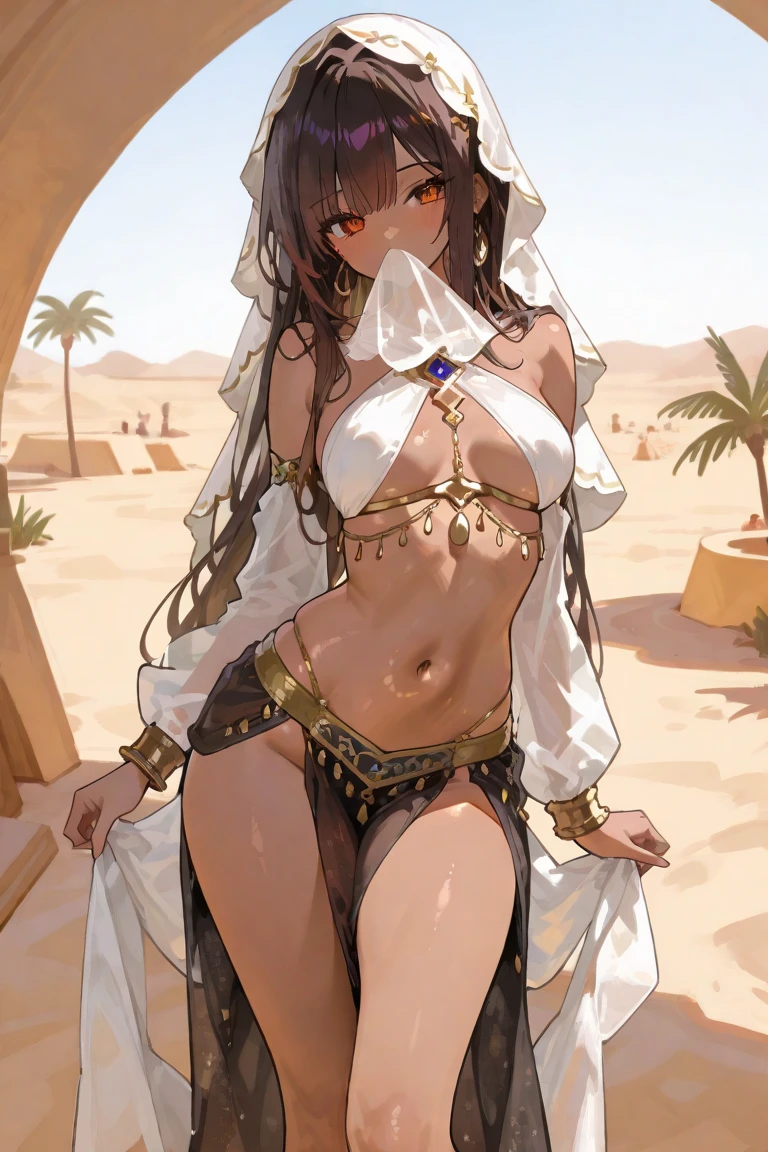 ((in a desert:1.5)), a matured woman with long hair and a white outfit, (resting in oasis:1.2), Arabic, Post apocalyps, from arknights, artwork in the style of guweiz, bodyesbian, fine details. girls frontline, beautiful anime illustration, from girls frontline, by Yang J, stunning, 26 years old, (solo:1.5), (sfw:1.25), sagging breast, large breasts, big tits, thin waist, big ass, Raised sexy, (dark mahogany medium long hair, updo, hair over one eye, asymmetric hair, Carly hair, low tied),(musulman, Headscarfs, hair bands, head vandage, Turban), (ultra high resolution, 8K RAW photo, photo realistics, weak outline:1.3, clear focus), best qualtiy, natural lighting, blurry back ground, field depth, (Bright pupils, detailed beautiful eyes, high detailed face), Red lip, looking at viewers, (tight focus:1.2, from below), sexy posing, seductive weak smiling, center image, (wearing white long jacket and clothes, wearing short pants, gold ornaments, white clothes rolling around waist, camel-brown long leather boots, translucent lace pantyhose), ((correct anatomy:1.5)), ((outdoor:1.2)),