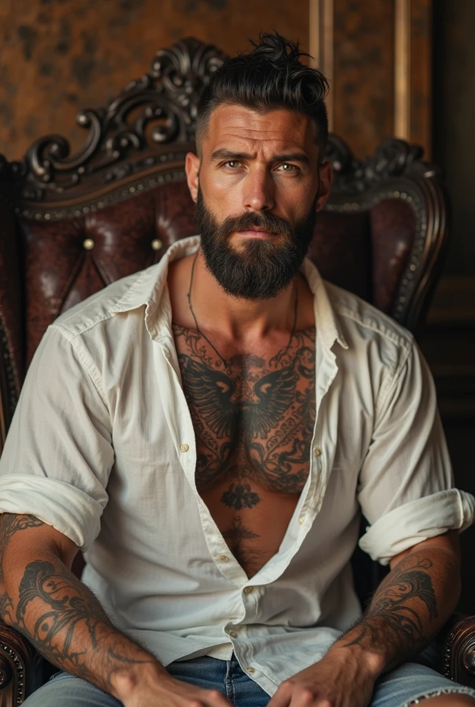 A strong Iranian man with a beard and a beard with tattoos on his arms and legs lying on a chair, posing on bed, mid shot of a handsome guy, striking a hot and majestic pose, male sexy, caio santos, masculine pose, the extremely hot and sexy, very sexy pose, super hot and sexy, look sexy at the camera, beautiful young man, beautiful young man, in white underwear.