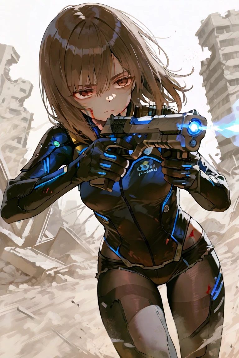 High quality, ultra-realistic images of women. The woman is of mixed Native American and Jewish descent.. Powerful Features, Fair skin. Dark brown curly hair, Dark Eyes. The woman is wearing a semi-futuristic combat suit.. She has a gun and a knife strapped to her body.. Beautiful woman smiling. Her eyes shine with hatred.