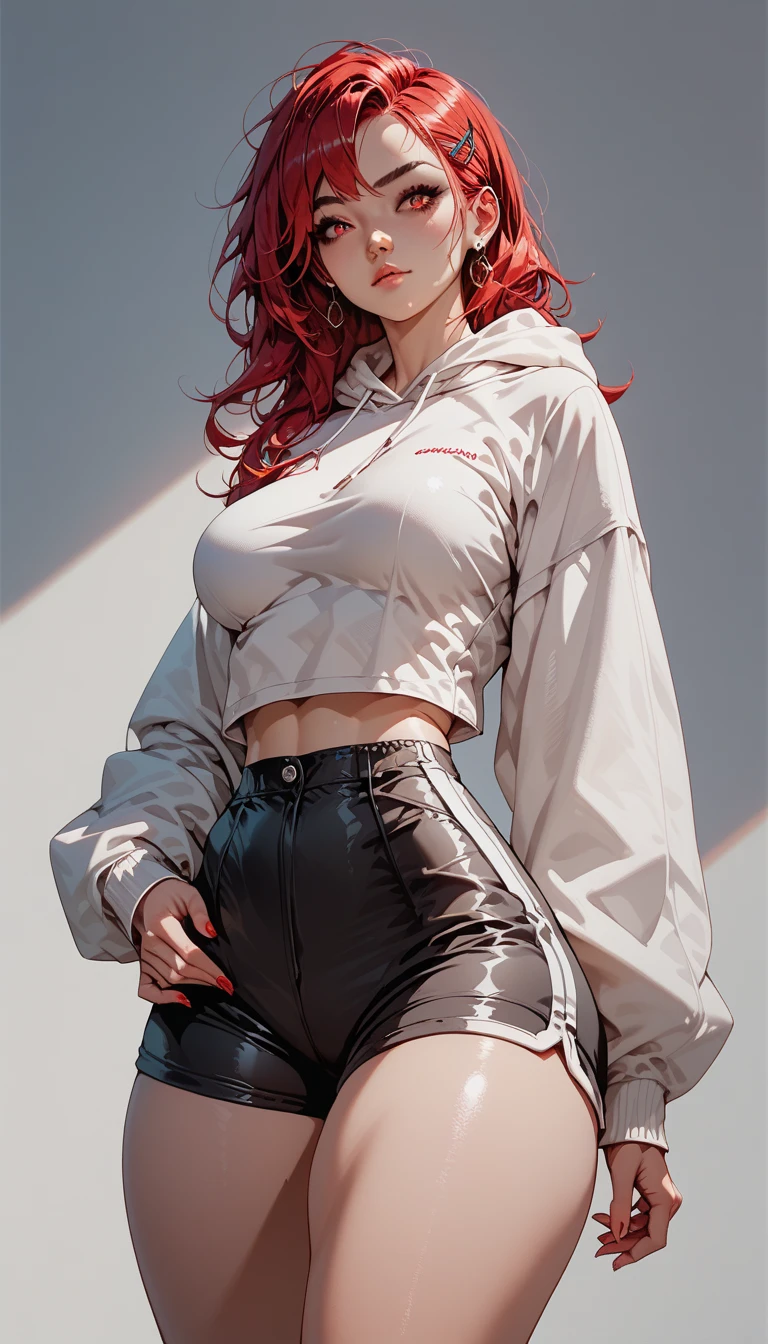((masterpiece, best quality)), ((Curvy Red-haired Latina in grey sweater and white cotton panties)), started and embarrassed, (( Green eyes)), wearing red lipstick, EUF, photo realistic, intricate details