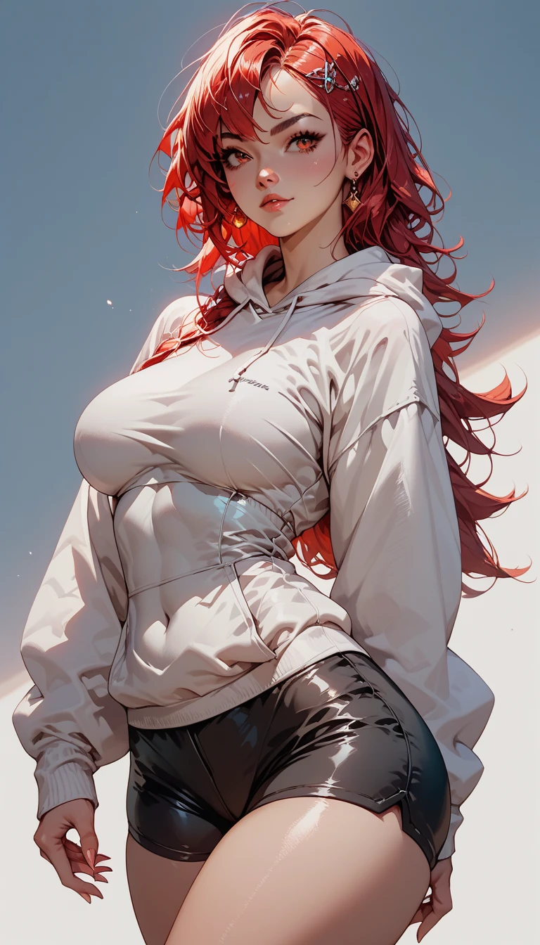 ((masterpiece, best quality)), very aesthetic, ultra detailed, intricate details, highly detailed, UHD, HDR, 8K, perfect face, 1girl, tan skin, white hoodie, lean muscular, black jeans, Retro_wave_style, Vector lines, dark red hair, long hair, red eyes, large breasts, perfect body, (newest anime art style)