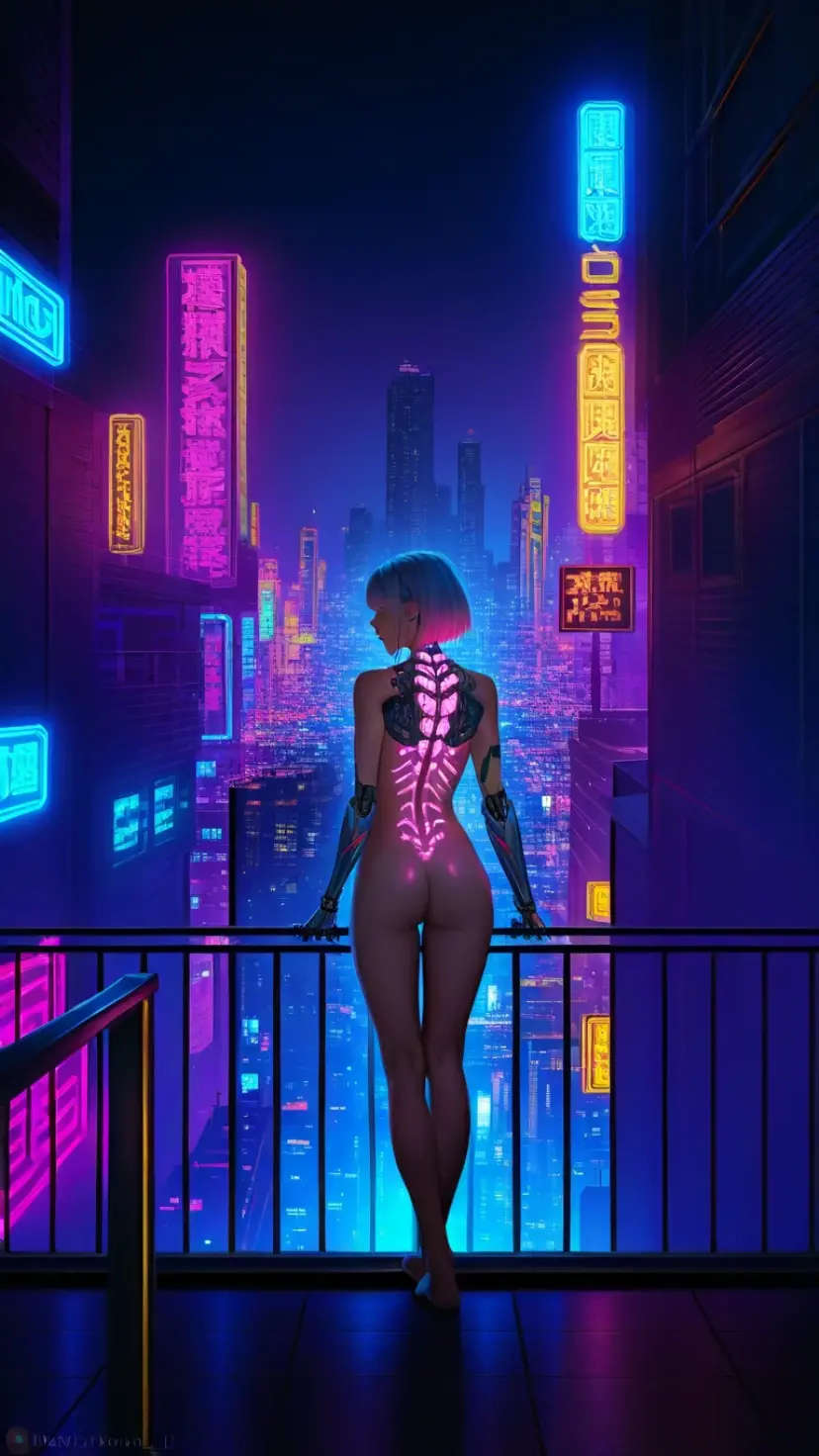 Full naked woman standing front on the big window, looking at the futured night city full od neon loghts