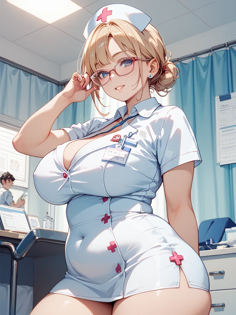 ((masterpiece)),(((best quality))),((character design sheet)),((rough sketch)),((vulgar)),thick thighs,african girl,blond hair,big ,((between breasts)),pussy juice,wearing an Wet sexual nurse uniforms and nurse cap,shirt harf lift,milking