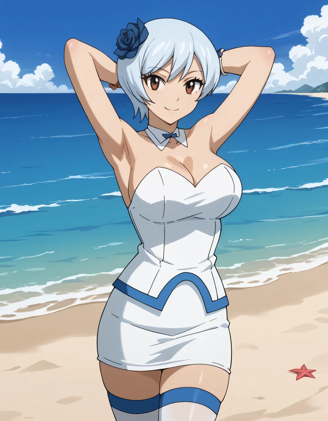 Beautiful arts wallpaper Sunset Outside castle top High level image quality best image quality 8K adult woman silver castle outside more colors whole body view portrait wearing pure white bikini naked horn ears short hair((shortcut)(gray hair)(perm)(fluffy)) eye color is blue , , attractive evil face , smile , beach , labrynth , , barefoot , riding crossed legs on surfer , riding fast ocean