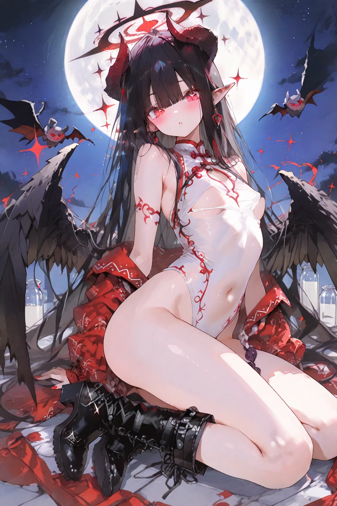 (8k), (Highest quality), (masterpiece:1.2), (Realistic), (photoRealistic:1.37), Very detailed, 1 girl,cute、beautiful, Perfectly aligned teeth、beautiful attention to detail, beautiful and detailed nose, black eye、Very detailedな顔、Big Breasts,Short shoulder cut black hair、((topless:1.6))、(Moisturizes the skin:1.5)、(Trance:1.5)、Cheeks are a little red、Mysterious Beauty, Perching on the clouds, (Fantasy Illustration:1.3), Captivating Gaze, Seductive posture, Otherworldly charm, Mystical Sky, (Written by Luis Royo:1.2), (Yoshitaka Amano:1.1), ((moon night)), pastel colour, (Cloud Detail View:1.3), Outdoor、palace、Demon World、balcony、(night、moonlight)、(Angel Wings、Succubus、Gorgeous princess collar、Fur coat、Garter Stockings、Cat ear、hair ornaments、Earrings)、(Captive、Winding the rope:1.6)、(Open your mouth:1.1)、(Spread your legs:1.2)、(Cum between breasts:1.4)、(show pussy、sex)、(Cowboy Shot:1.2)