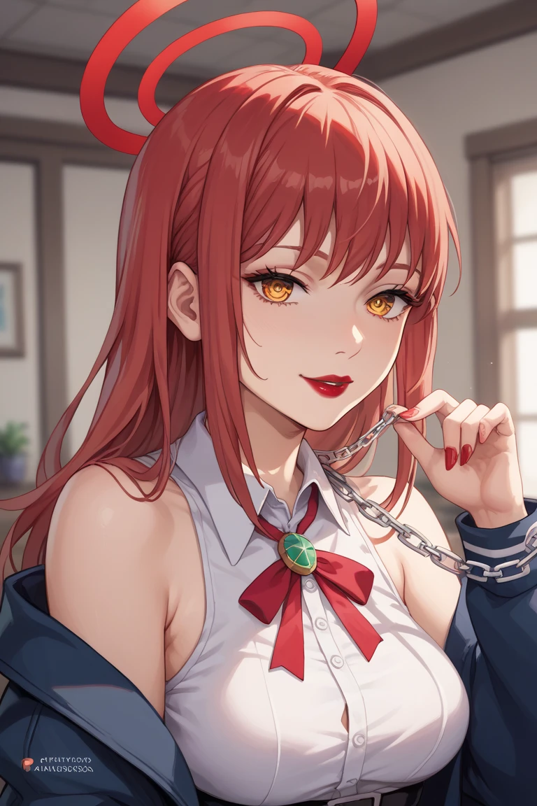 masterpiece, Highest quality, Arisugawa Natusha, One person, alone, Are standing, smile, bangs, indoor, Long Hair, Orange Hair, View your viewers, Red jacket, Black Dress, Hands on hips, Blurred Background, Medium chest, Upper Body, Portraiture, Cowboy Shot