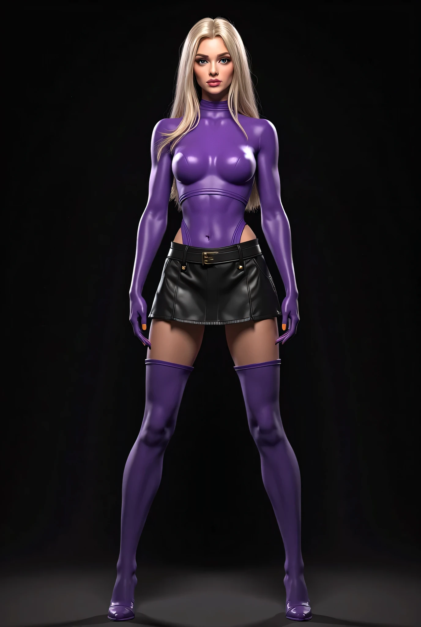 18year old, ((top-quality)), ((masterpiece)), (high-detail:1.3), Beautiful fece (cyberpunked:1.3), ((Stylish woman in purple bondage rubber suit)), Silver zipper, large full breasts, Slim waist, big butts, (Nordic beauty), ((Belt under the waist)), superfine illustration, blondehair, With bangs, shiny, (ssmile),
