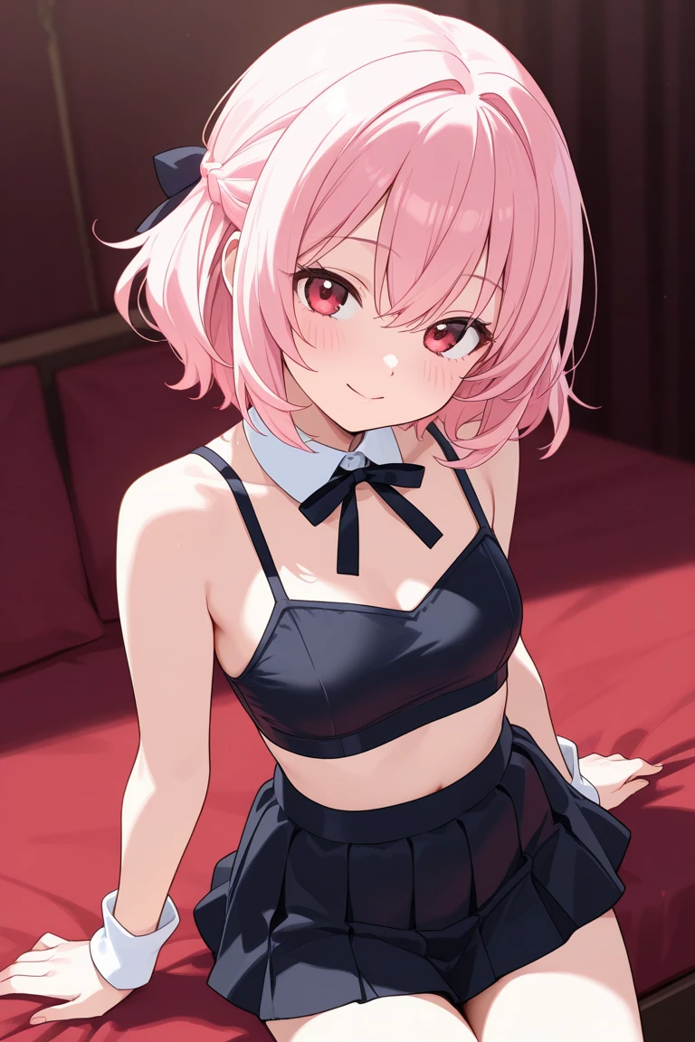 there is a cartoon picture of feminine boy with short pink hair, anime moe artstyle, 1 7 - year - old anime, in an anime style, demon femboy, flat anime style, cute, crossdresser, lewd body, curvy, sexy lingerie