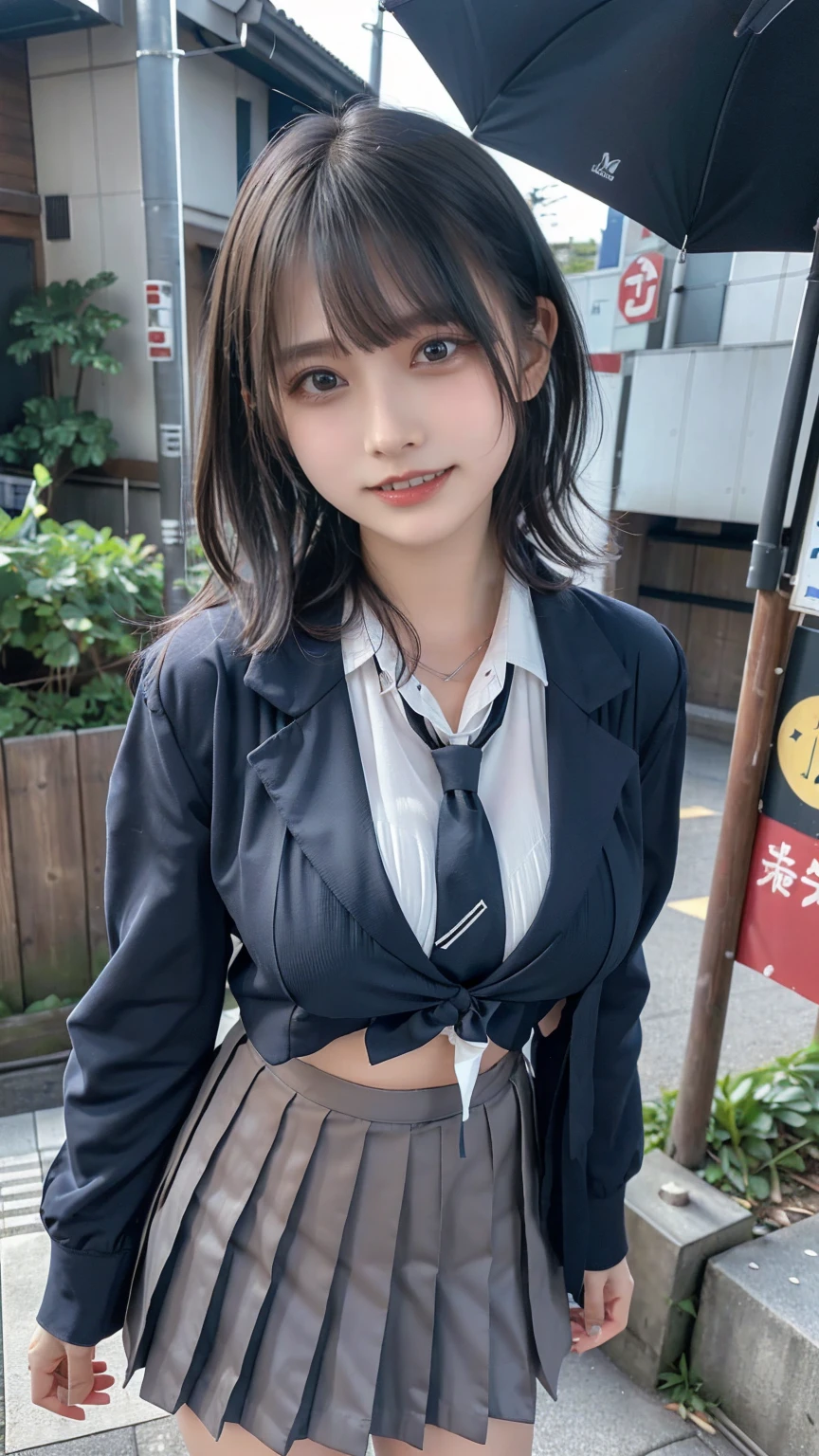 One Woman、((Standing wearing a blazer and miniskirt school uniform))、Primary school students,((small breasts)),Highest quality、Very delicate and beautiful、((Very short bangs))、((Bangs))、明るいShiny black hair、Highest quality、Very delicate and beautiful、((Very short bangs))、((blunt bangs))、Shiny black hair、((long hair))、Cute face、Young face、Cute like an idol、Are thin、Slim figure、slender、Short、 body type、((The background is a Japanese townscape))、Thighs、Photographed from the front、The best smile、