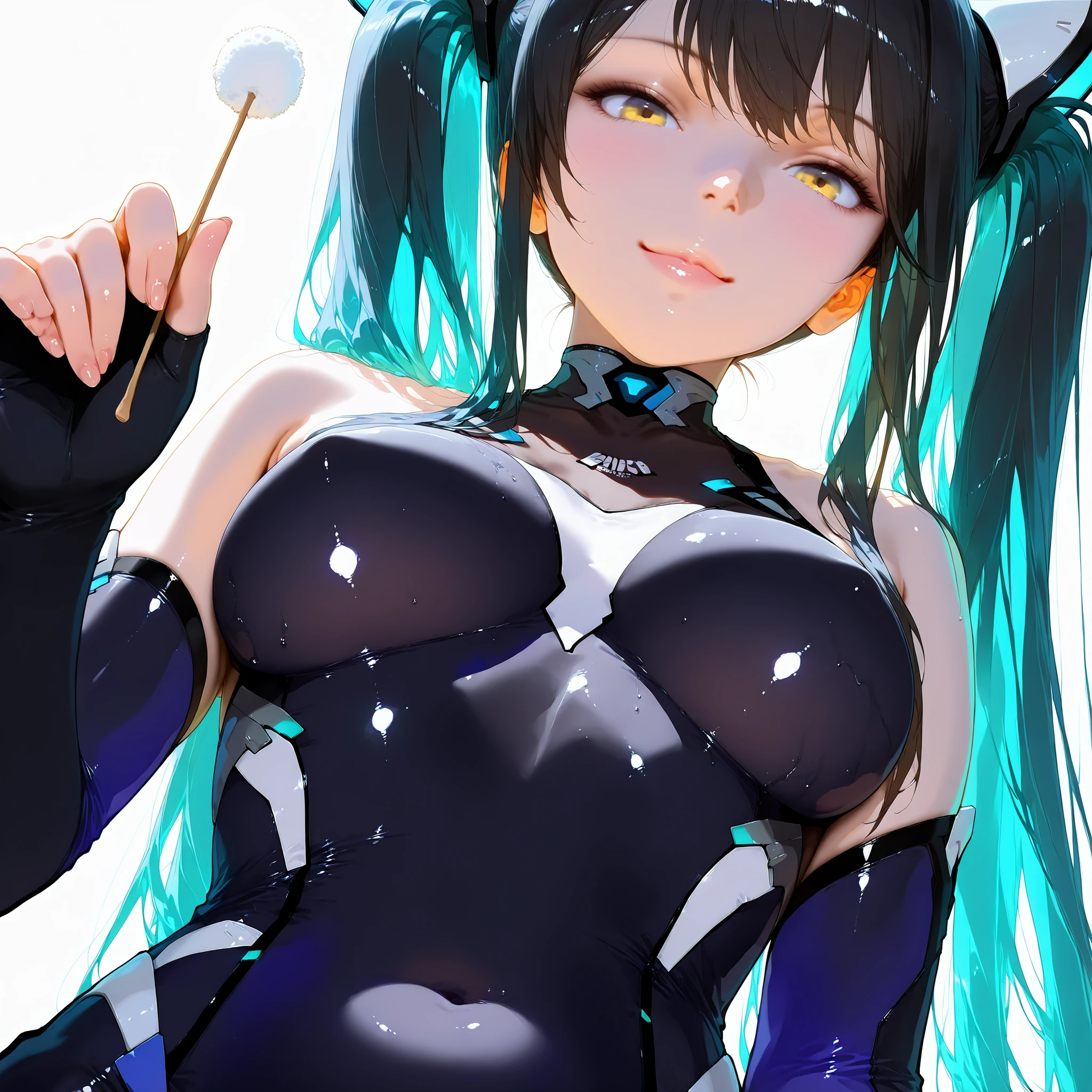 ((masterpiece, detailed:1.2), best quality, absurdres, highres),ultra detailed,beautiful detailed face,pale skin,realistic glistening skin,detailed cloth texture,detailed hair texture,soft lightning,realistic lighting,detailed beautiful face and eyes and hair,ideal ratio body proportions,nice hands,perfect hands, simple white background,depth of field, anime,anime style,
BREAK
1girl,solo,mimikaki, shilittlemermaid, wet skin, realistic textured skin, perfect makeup, ultra-high-definition beautiful face, beautiful expression, wet lips, moist lips, long hair, black hair, yellow eyes, shining eyes, big eyes, detailed eyes, beautiful eyes, twintails, multicolored hair, headgear, bare shoulders, detached sleeves, medium breasts, black gloves, elbow gloves, fingerless gloves, black bodysuit, skin tight, covered navel, covered collarbone,
BREAK
seiza,wariza,yokozuwari, upper body, under breasts extreme close-up, from below, look at viewer,(closed mouth:1.1),(open eyes:1.2),(seductive smile:1.3),