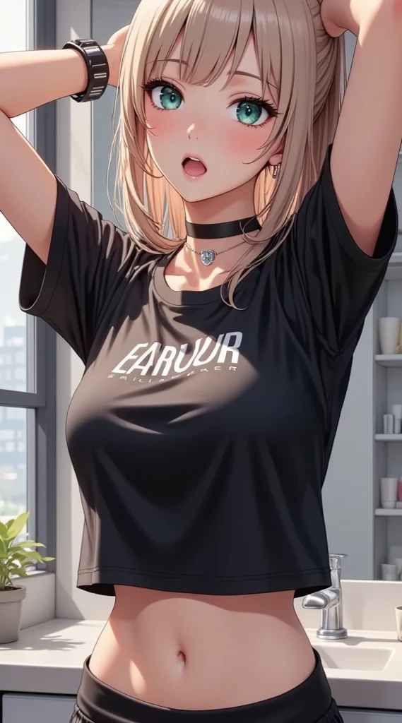 ​masterpiece、top-quality、ultra-definition、illustratio、warm illumination、bright colour、Female one、独奏、Long、Super long hair、Chifuyu、Brown hair、blue eyess、poneyTail、hair adornments、Hair Flower、student clothes、Sit up、outside of house、tshirts、casual clothing、爆乳、Navel visible、frombelow