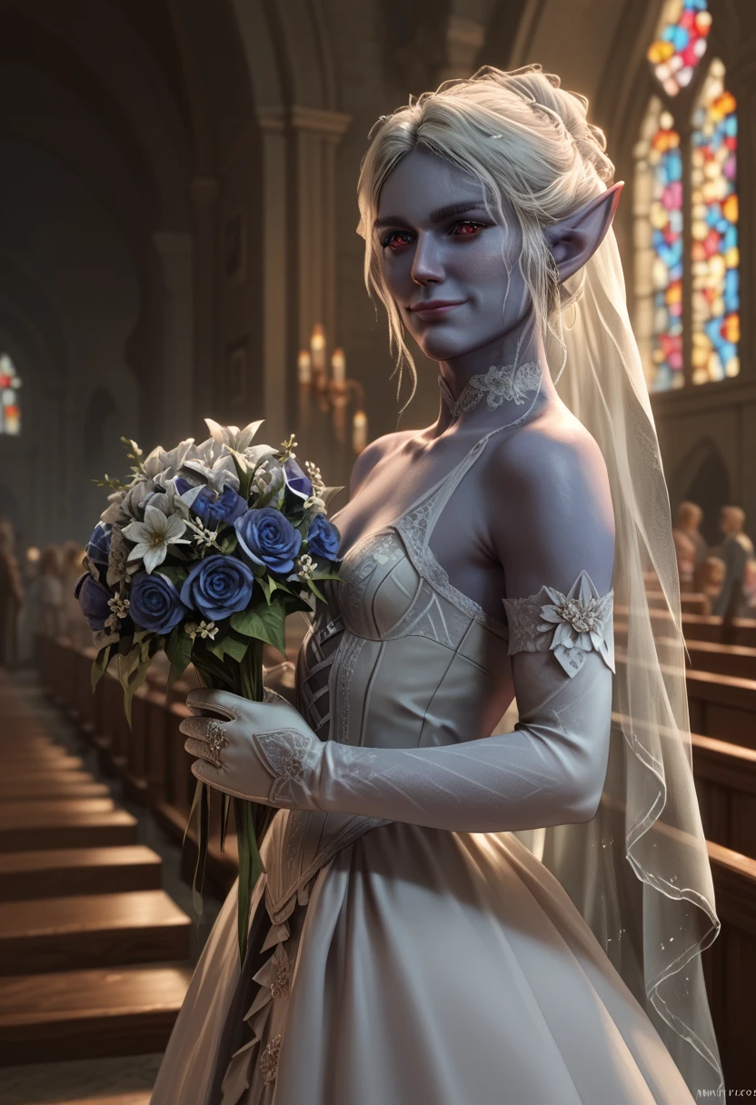 minthara, 1girl, solo, pointy ears, elf, colored skin, red eyes, blue skin, realistic, drow, white hair, mature, skin complexity, <lora:Minthara_Baenre_-_Baldurs_Gate_3:0.9>
BREAK
level_9, level_8_up, level_7_up, source_cartoon, masterpiece 
BREAK
 <lora:age_slider_v4:3.5>
BREAK
small breasts, church, wedding, white wedding dress, fancy dress, veil, rich dress, elegant, white laced gloves, sleeves
BREAK
incom, blush, closed eyes, facing viewer, parted lips, incoming kiss, imminent kiss, (pursed lips:1.2), leaning towards viewer, POV, giving kiss, hand on cheek, anothers hand on cheek, teeth, <lora:Incom_Pony:0.5>