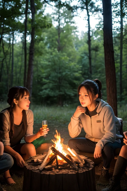 22 years old asian girl with long hair sit on the camp chair, brunette hair, full body, fit girl, big tits, tent, campfire, white shirt, blue jean short, white crocs, some facial imperfections, beautiful girl, to laugh with one girl, highly detailed face, real human, ultra detailed, (texture:1.1) (realism:1.1)