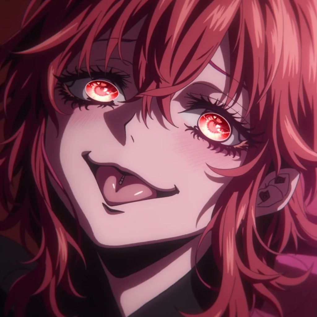 Seras victoria, laying down on table, hellsing ultimate, harness, blue eyes, (((red eyeliner makeup))), ((sadistic grin))), flair cut hair