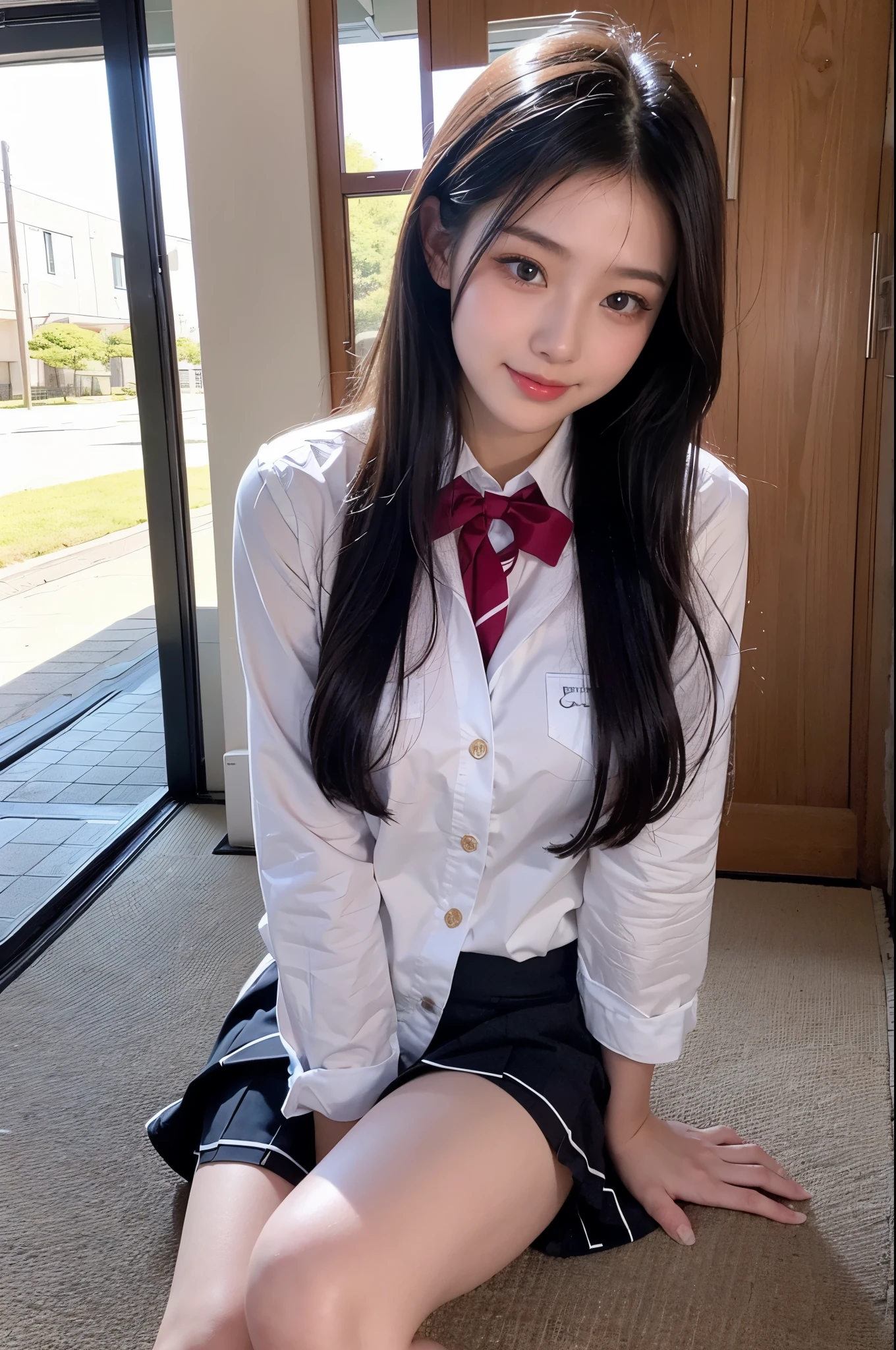 (masterpiece:1.2), Japanese, (18-year-old), (girl), ((Collared shirt)), (skirt), smile, Bedroom, Thighs, ((small face)), (bow tie), Hair Bun,