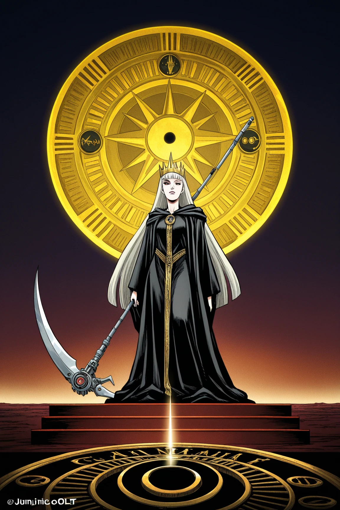 "Female Anime cult leader with platinum blonde hair in crescent crown, mechanical moon dial right eye. Flowing black/gold robes holding frozen moonlight scythe, standing on eclipse altar. Style: Junji Ito meets Castlevania."