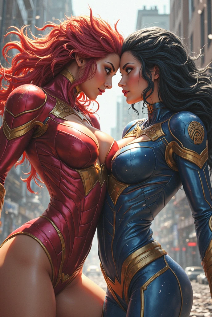 8k_wallpaper, extremely detailed eyes, extremely detailed body, (large masterpiece digital art), (detailed manga illustration), (detailed line art), ((perfect anatomy)), (intricate details:1.3), (ultra-detailed:1.3), (illustration:1.3), (sharp focus:1.3), (natural lighting:1.05), (vivid colors:1.3), (masterpiece), (best quality:1.4), (perfect anatomy:1.4), high quality, expressive eyes, full body, detailed face, beautiful face, perfect face, 1 girl, breasts, cleavage, gloves, huge breasts, cyberpunk clothes, black jacket, very long hair, thigh length hair, ({dark skin}), dark-skinned female ,detailed ((red hair)), messy hair, green eyes, hourglass physique, bodysuit, ultramarine bodysuit, sleeveless, shorts, thick thighs, toned, captain marvel emblem, emblem, superhero, dynamic lighting, 4k resolution, dynamic heroic pose, smiling, outer space background, curvy,